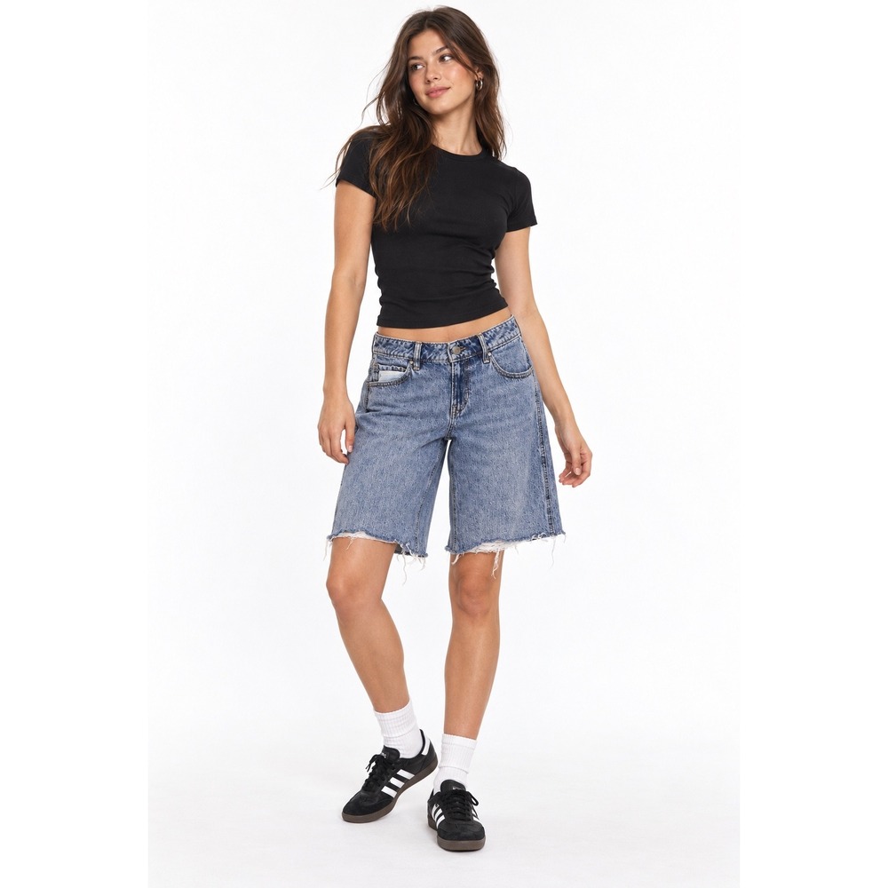 Hollister Denim Shorts Women 2 Blue Low-Rise Baggy Jort Raw Hem Skater
